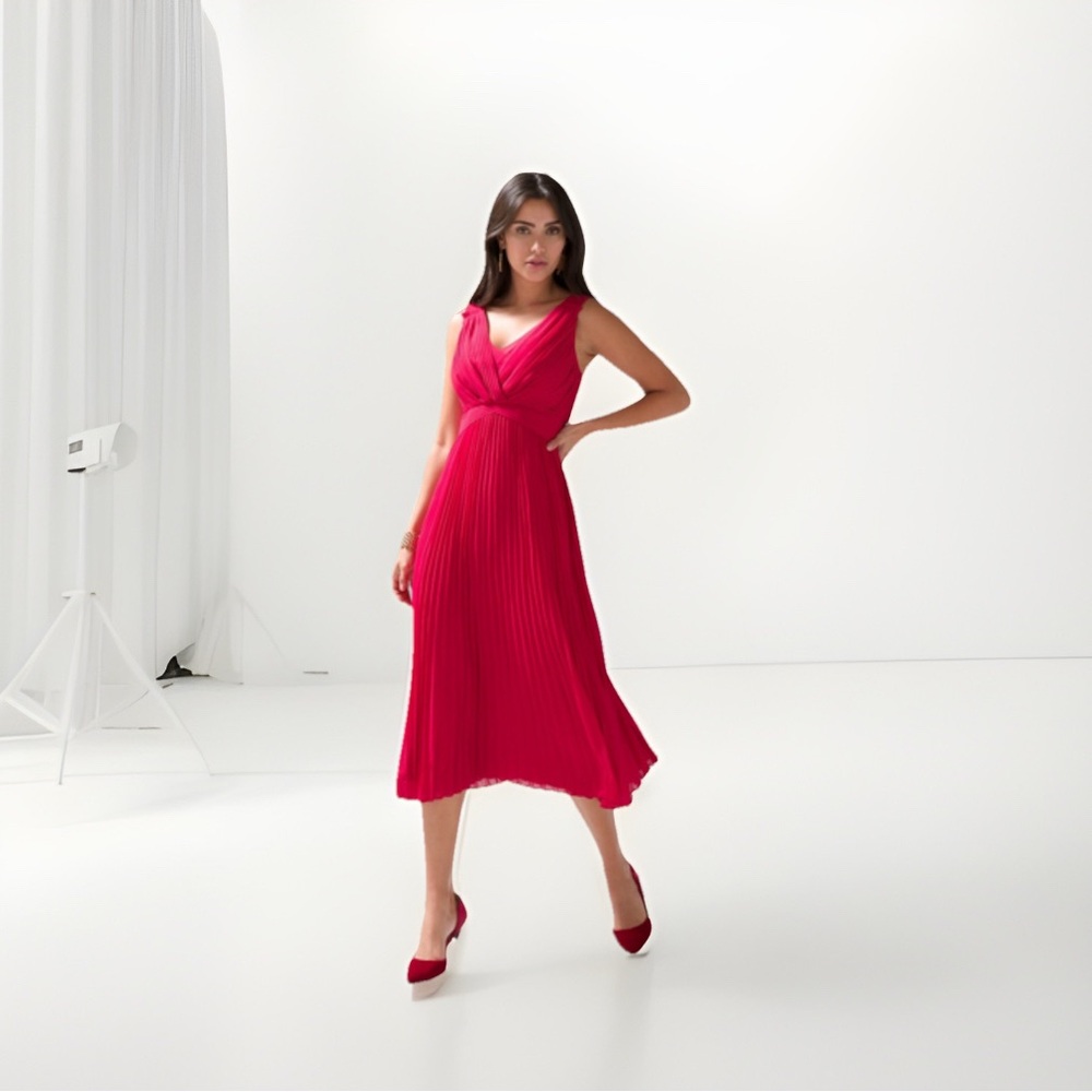 White House Black Market Red Sleeveless V-Neck Midi pleated Dress sz 4